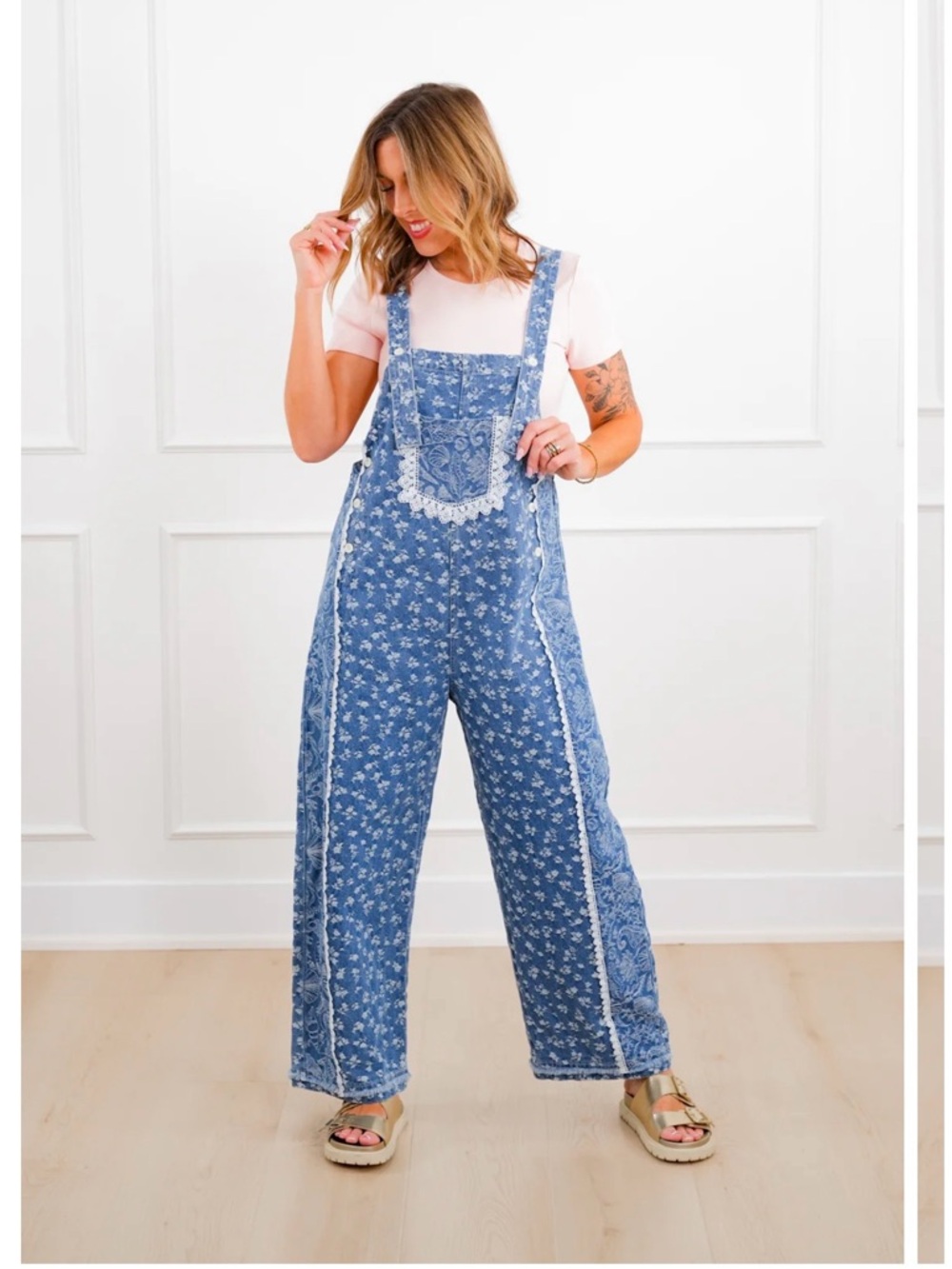 DAVI & DANI Blue Floral Denim Overalls with Lace Trim